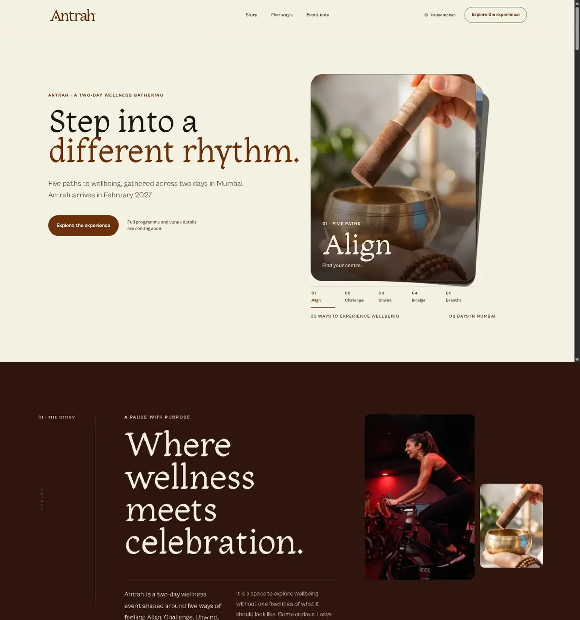 Antrah Wellness live site: hero with the five paths and the story section
