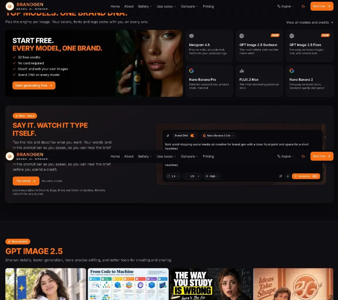BrandGen live site: models and voice prompt sections