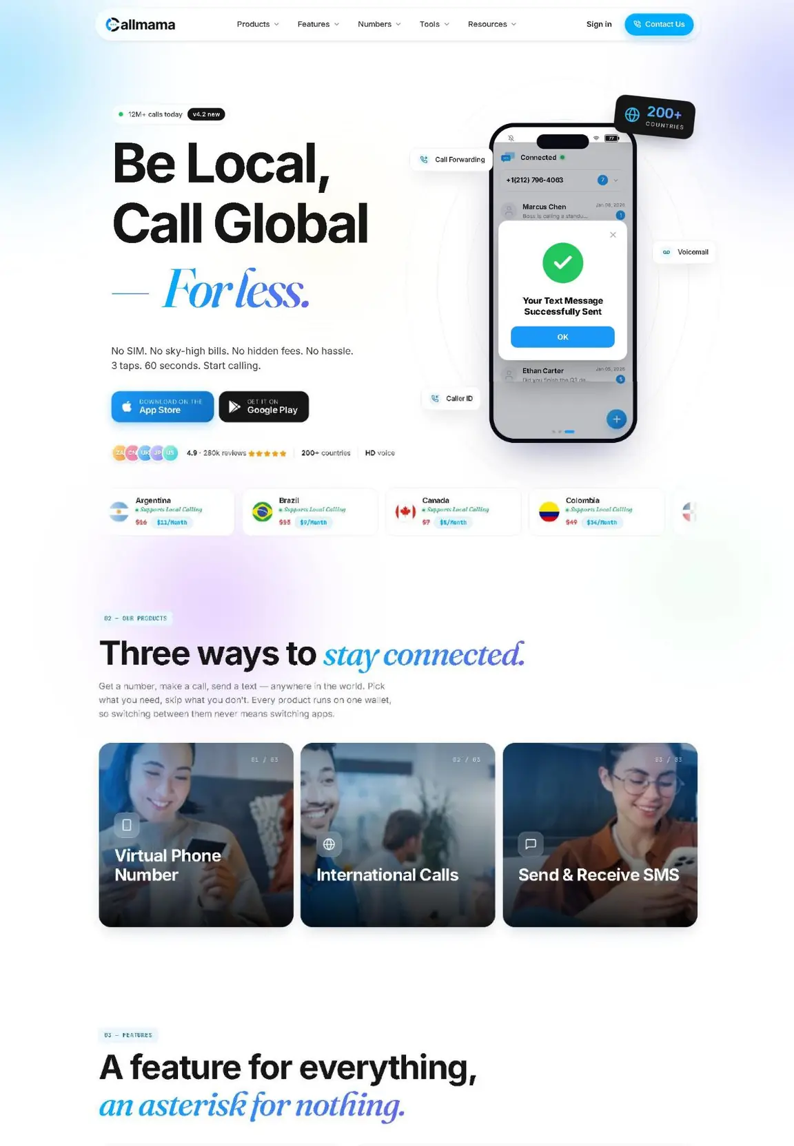 Callmama live site: calling app hero, country numbers and products