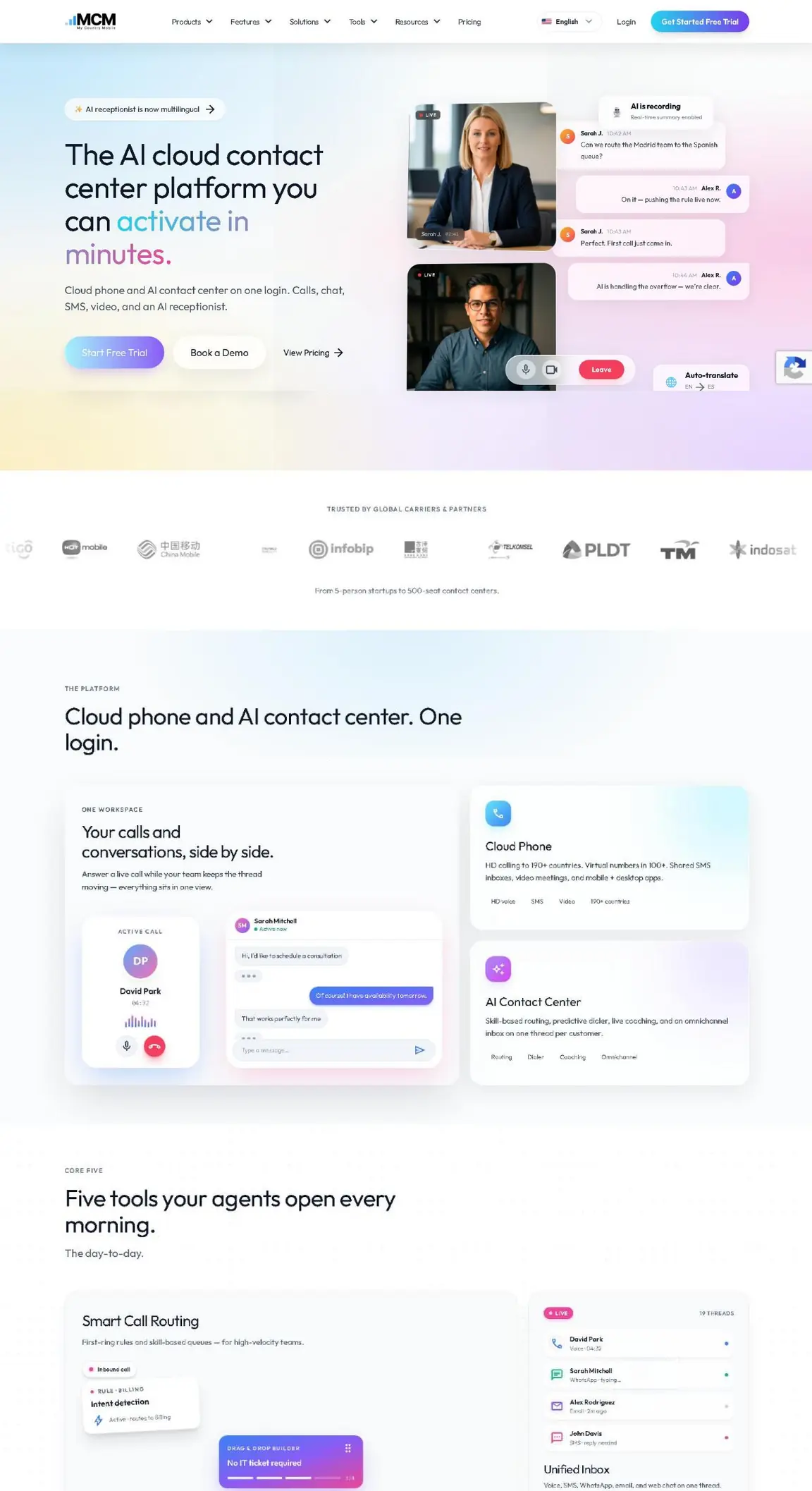 My Country Mobile live site: AI contact center hero, platform and core tools sections