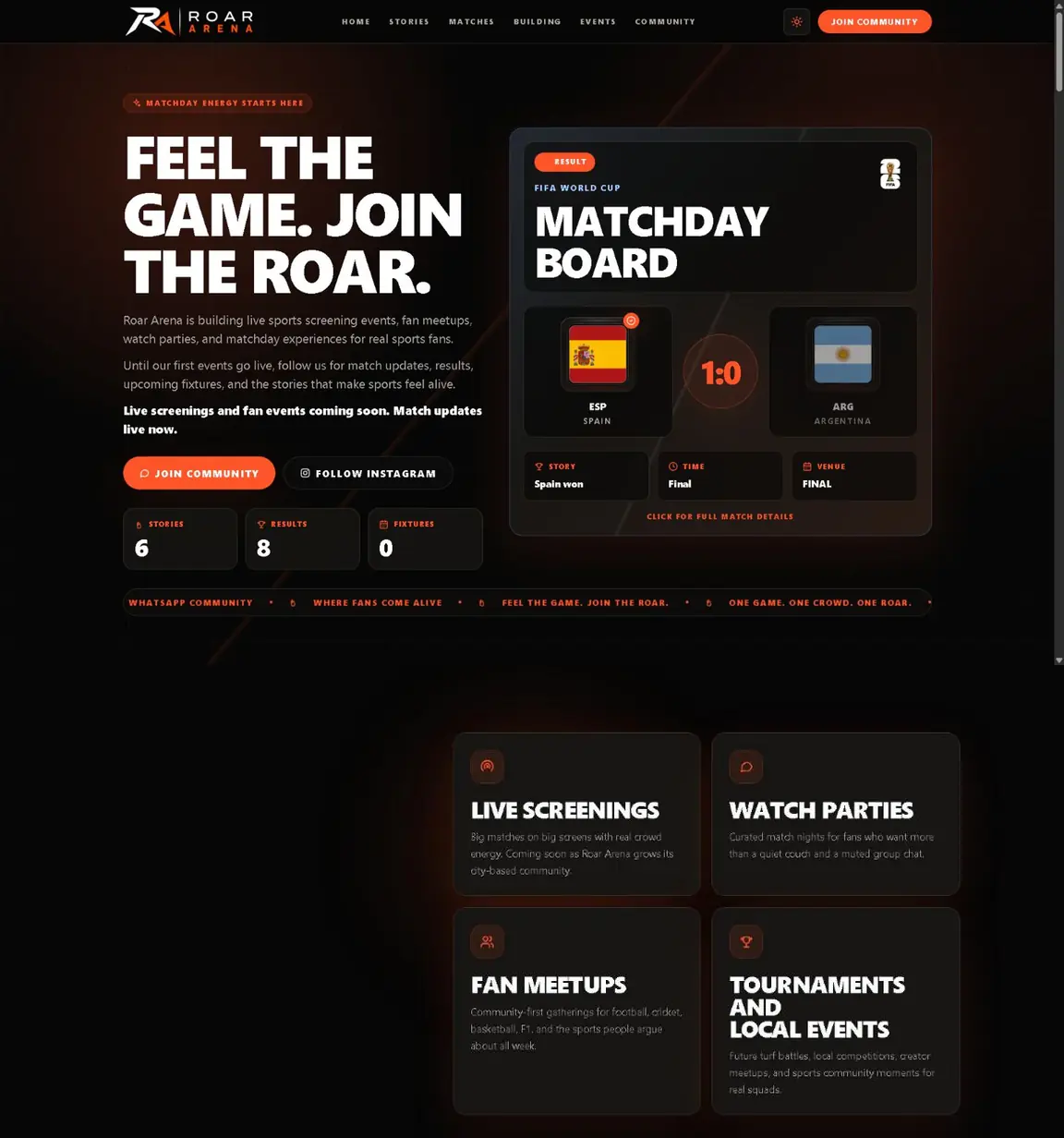 Roar Arena live site: matchday board hero and what we are building
