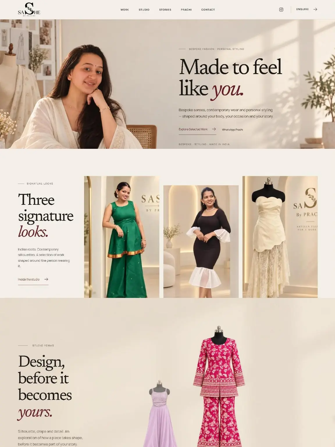 Sashe by Prachi live site: editorial hero, signature looks and studio forms