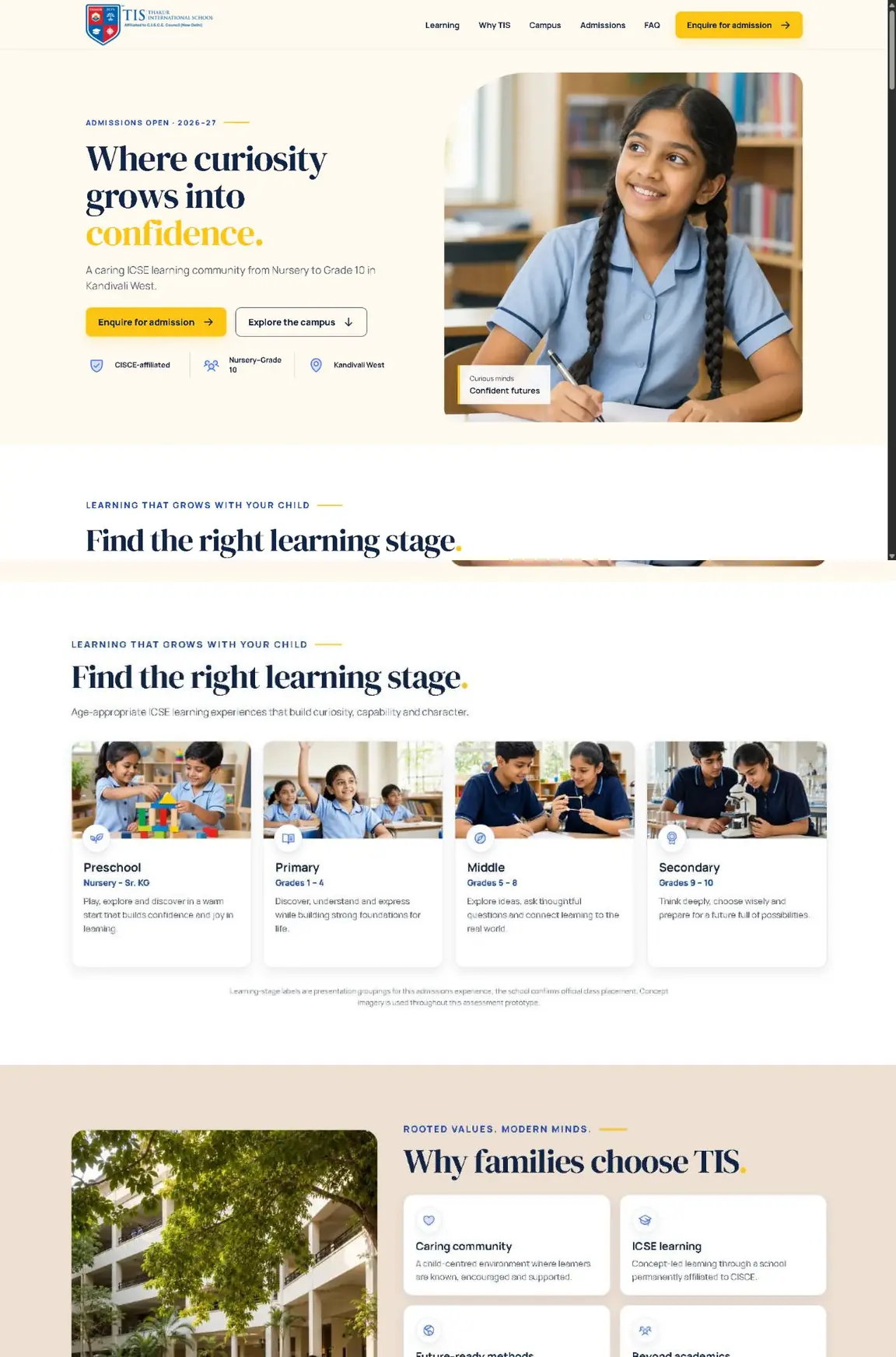 TIS Admissions 2026–27 live site: admissions hero, learning stages and campus sections